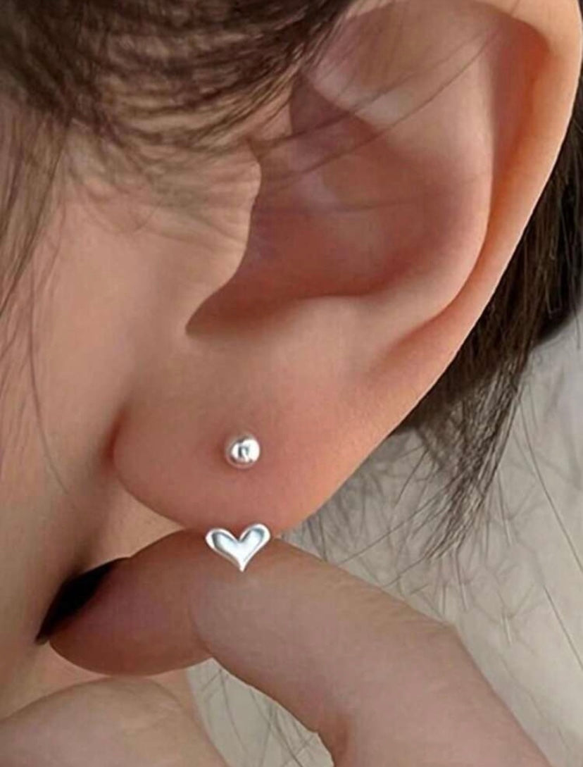 925 Sterling Silver Cylinder Heart & Geometric Bead Ball Stud Earrings