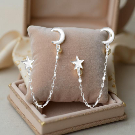 925 Sterling Silver Moon Star Chain Double Stud Earrings