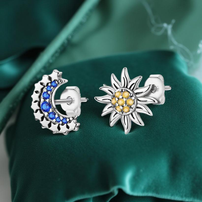 925 Sterling Silver Sun Moon Stud Earrings